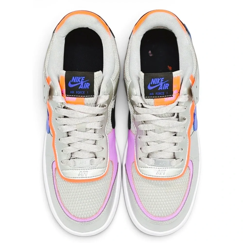 Nike Air Force 1 Shadow Women 9.5 Metallic Silver Pink Blue Shoes CW6030-001 AF1